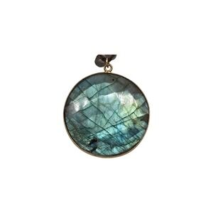 Faceted Round Labradorite Pendant Necklace 17.75" Large Coin Stone Boho
